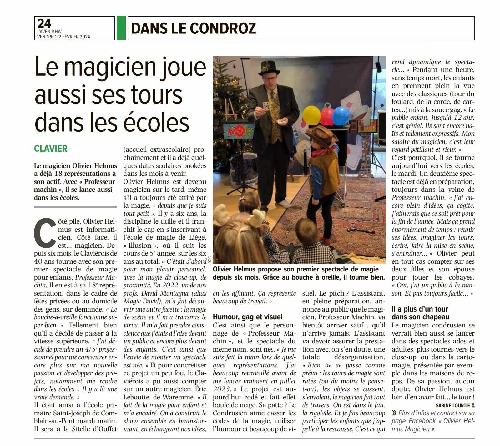 Article de presse consacré à Olivier Helmus, Professeur Machin